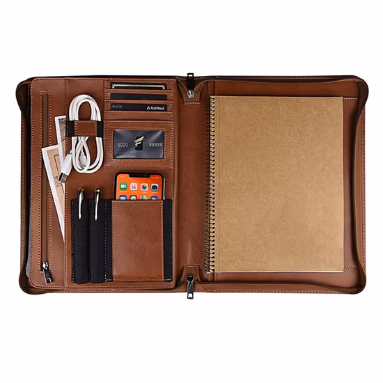 Ring Binder Portfolio with Calculator Conference Folder Notepad Binder Durable Multi Function A4 Leather Folio